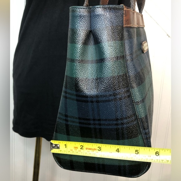 RALPH LAUREN Black Watch Plaid Coated Canvas and Leather Tote Shoulder Bag - Picture 14 of 17